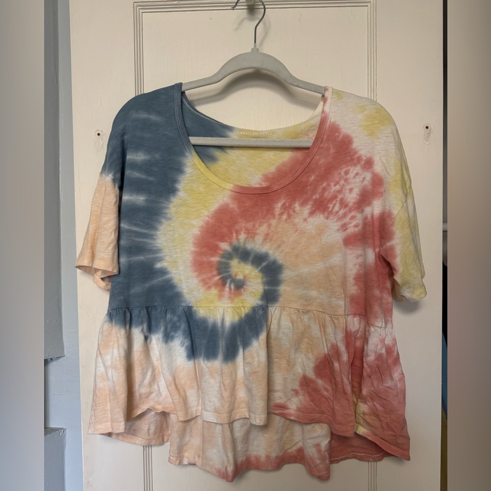 American Eagle Outfitters Tie-Dye Short Sleeve Top - Blue, Yellow, Pink